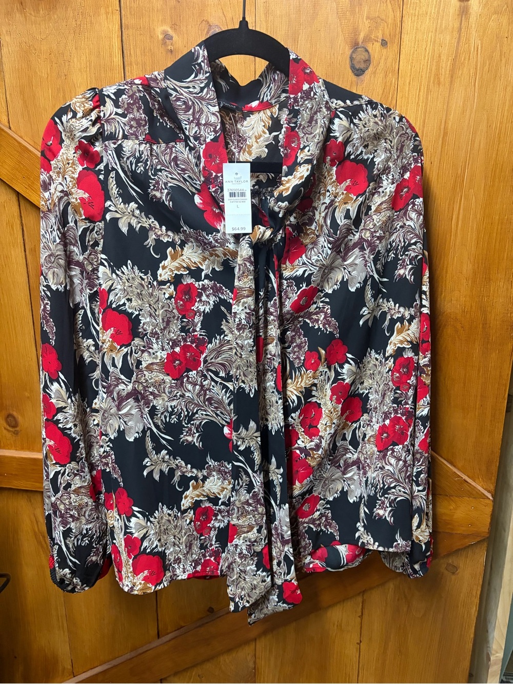 Ann Taylor Factory Black Tie-Neck Blouse with Red Floral Print and Cream Accents
